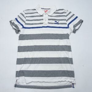 Puma Polo Shirt Mens Medium White Gray Striped Cotton Golf Collared Performance